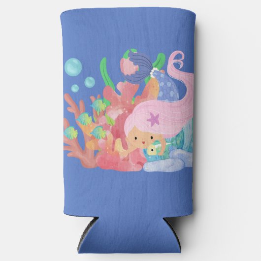 Mooie roze haar zeemeermin spelen knuffelen een vi seltzer blikjeskoeler (Voorkant)