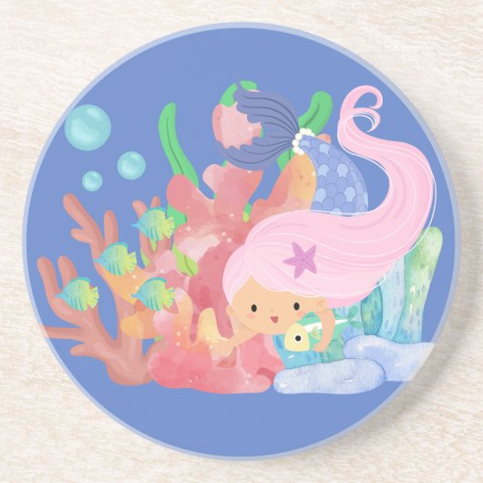 Mooie roze haar zeemeermin spelen knuffelen een vi zandsteen onderzetter (Voorkant)