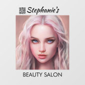 Mooie roze haarmeisje schoonheidssalon met QR-code Raamsticker (Vel)