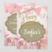 Mooie roze Happy 1st Verjaardag Uitnodiging (Voorkant / Achterkant)