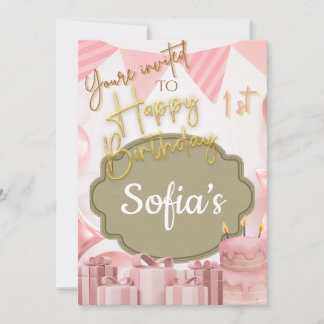 Mooie roze Happy 1st Verjaardag Uitnodiging