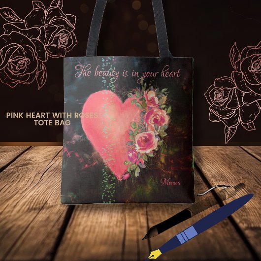 Mooie Roze Hart zwarte Canvas tas