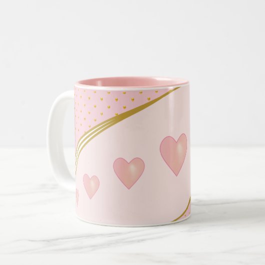 Mooie roze harten en gouden Confetti Tweekleurige Koffiemok (Voorkant links)