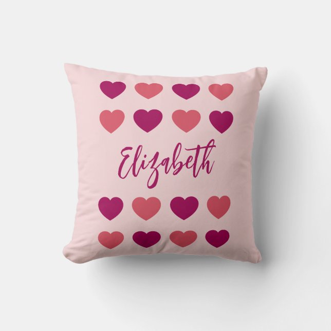 Mooie Roze Hartjes Script Cursieve Naam Kussen (Voorkant)