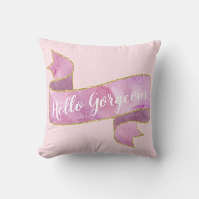 Mooie Roze Hello Gorgeous Gouden Lint Kussen (Voorkant)