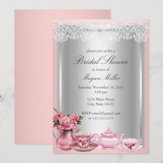 Mooie Roze High Tea Bruiloftsuitnodiging Kaart (Voorkant / Achterkant)