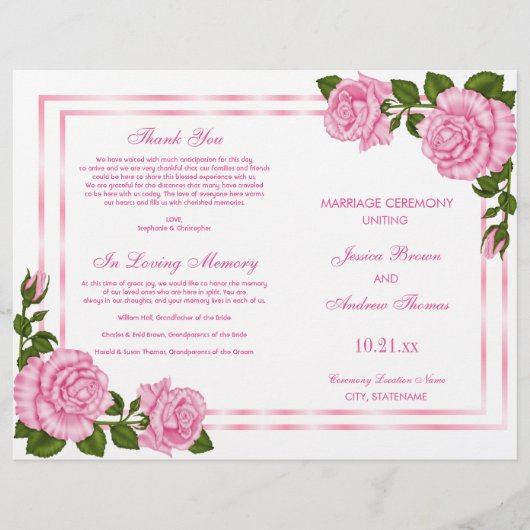 Mooie Roze Hoekboeketten Huwelijksprogramma (Voorkant)