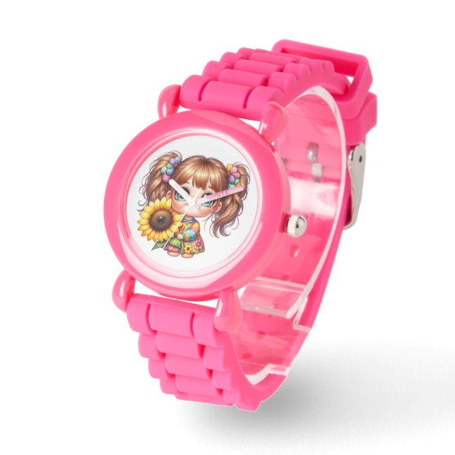 Mooie roze horloge voor kinderen met een leuke car (Hoek)