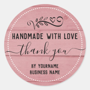 Mooie roze houten handgemaakte bedankt ronde sticker