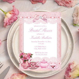 Mooie roze kanten strik High Tea Bruiloftsborrel Kaart