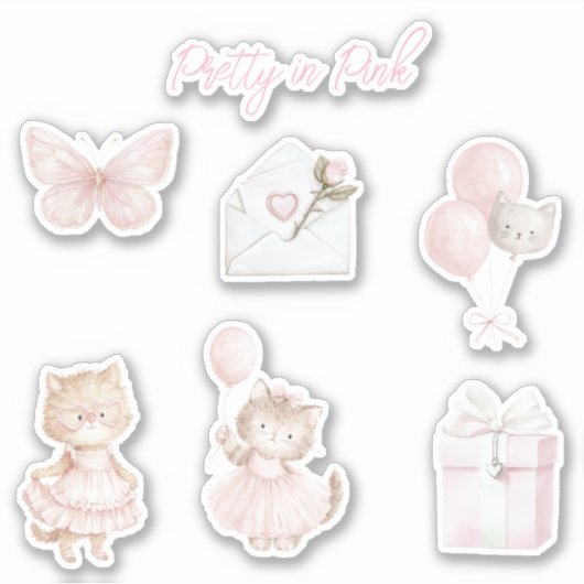 Mooie Roze Katten Ballonnen Vlinder Sticker (Voorkant)