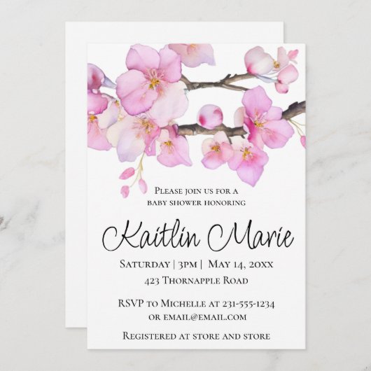 Mooie roze kersenbloesem kalligrafie script kaart (Voorkant / Achterkant)