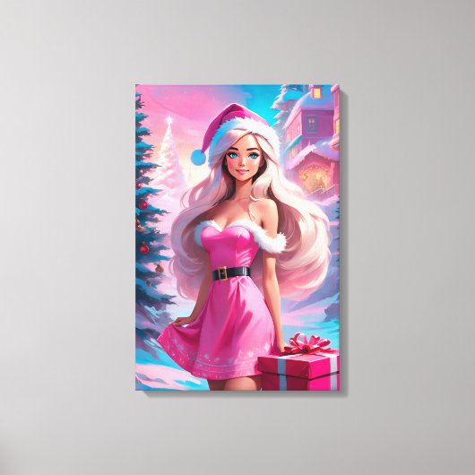 Mooie Roze Kerst Meisje 01 Canvas Afdruk (Voorkant)
