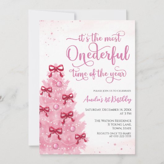 Mooie Roze Kerst Verjaardagsfeest Uitnodiging (Voorkant)