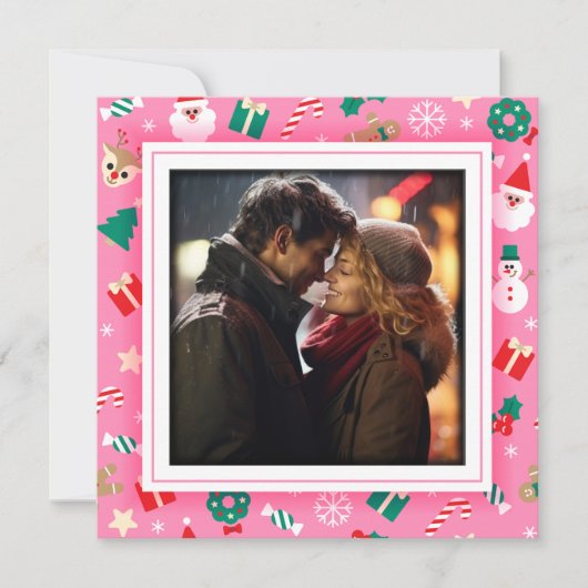 Mooie roze kerstfoto frame feestdagenkaart (Voorkant)