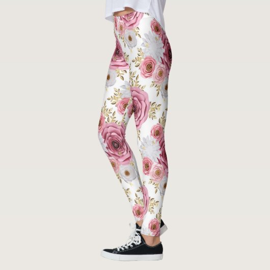 Mooie Roze kleur met Roos bloemontwerp Leggings (Links)