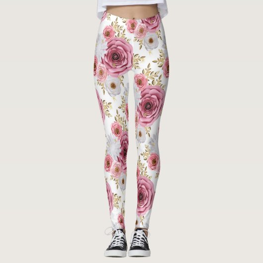 Mooie Roze kleur met Roos bloemontwerp Leggings (Voorkant)