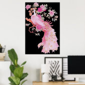 Mooie roze kleur veer pauw vogel bloemig poster (Thuiskantoor)