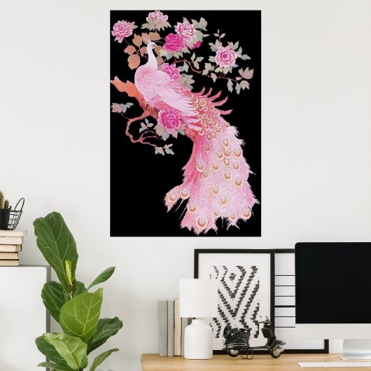 Mooie roze kleur veer pauw vogel bloemig poster (Thuiskantoor)