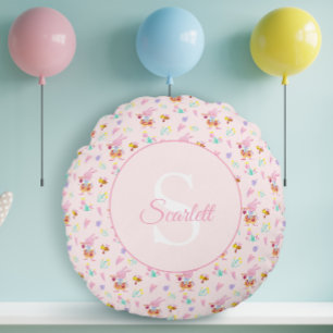 Mooie Roze Konijn Trompet Tuin Blauw Monogram Rond Kussen