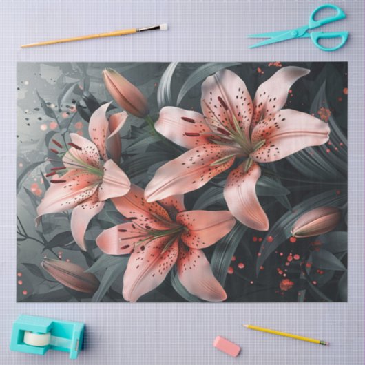 Mooie roze lelies met groen decoupage tissuepapier (Craft)