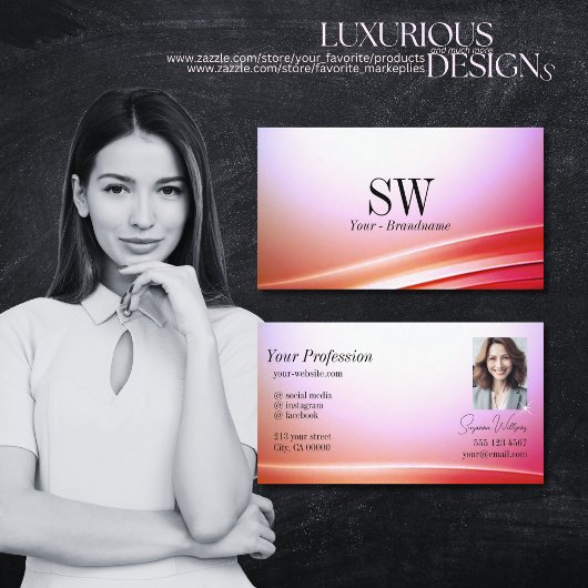 Mooie roze Lila gebogen decor monogram en foto Visitekaartje