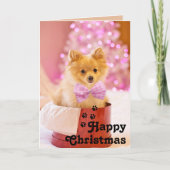 Mooie Roze Lint Hondje & Gelukkig Kerstmis Unieke Kaart (Voorkant)