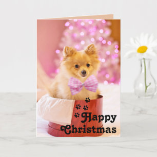 Mooie Roze Lint Hondje & Gelukkig Kerstmis Unieke Kaart
