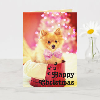 Mooie Roze Lint Hondje & Gelukkig Kerstmis Unieke Kaart