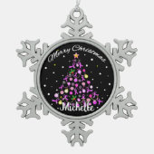 Mooie roze lint kerstboom tin sneeuwvlok ornament (Voorkant)