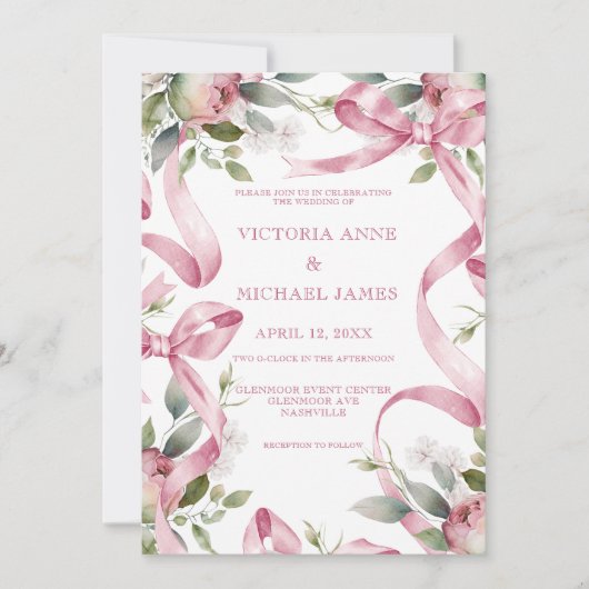 Mooie roze linten & bloemenbruiloft. kaart (Voorkant)