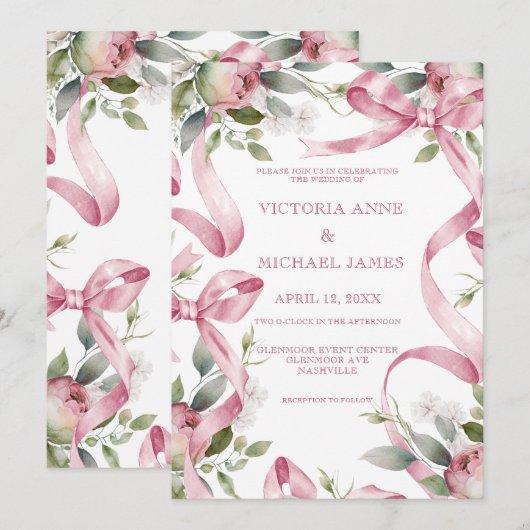 Mooie roze linten & bloemenbruiloft. kaart (Voorkant / Achterkant)