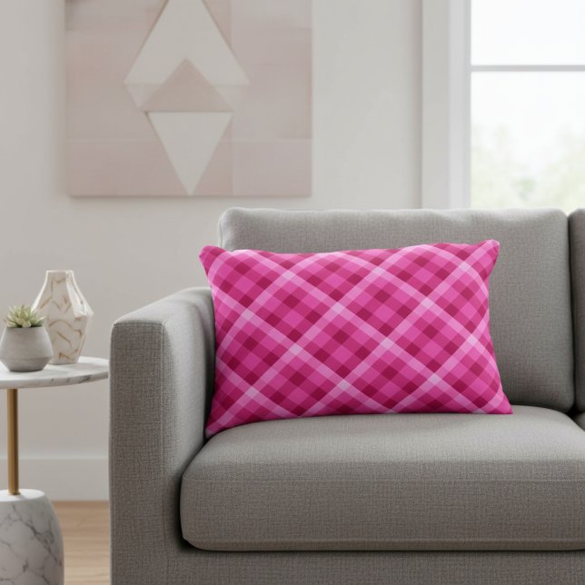 Mooie roze magenta geruite accentkussen accent kussen (Beautiful Pink Magenta Plaid Accent Pillow on a sofa in a living room.)