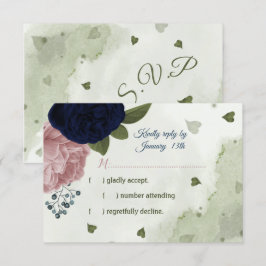 mooie roze & marineblauwe bloemen groen RSVP kaartje