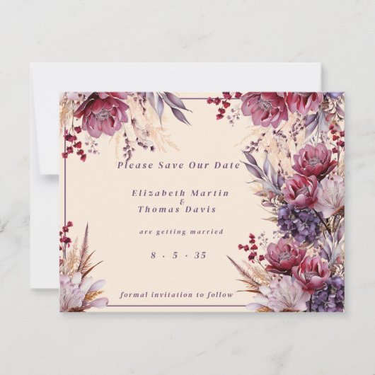 Mooie roze & Mauve elegante bloemen Save The Date (Voorkant)