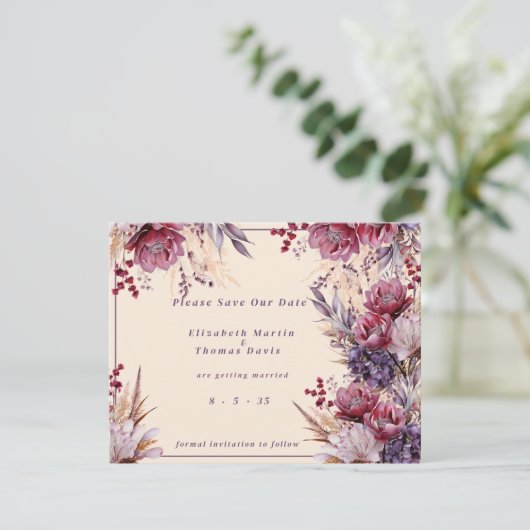Mooie roze & Mauve elegante bloemen Save The Date (Staand voorkant)