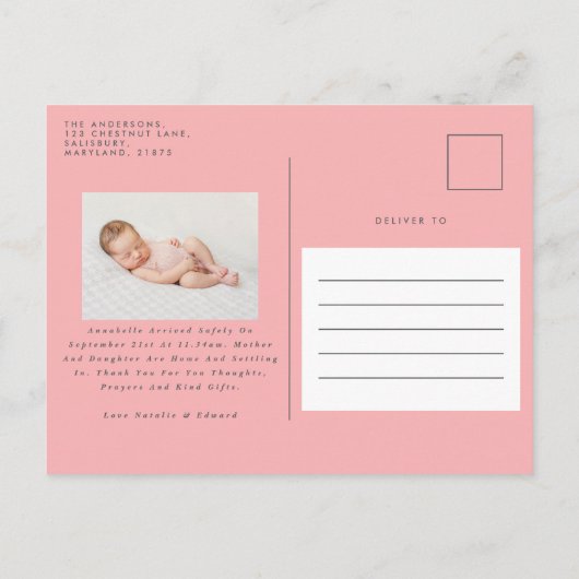 Mooie roze meisjesachtige bloemige botanische scri aankondigingskaart (Achterkant)