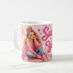 Mooie Roze Meisjesachtige Meisje Trendy Verliefd O Koffiemok