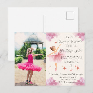 Mooie roze meisjesfoto verjaardag balletfeestje briefkaart