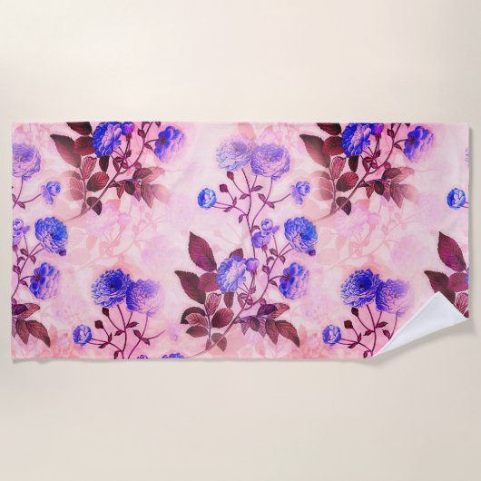 Mooie roze met paarse bloemenprint strandlaken (Voorkant)