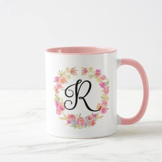 Mooie Roze Monogram (R) Bloemenkrans Mok (Rechts)