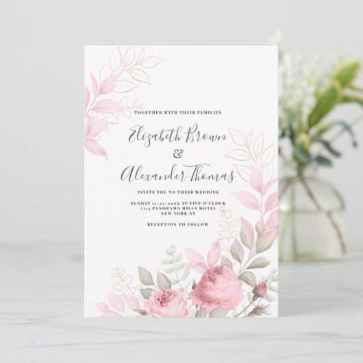 Mooie roze munt rozen bladeren bloemenbruiloft kaart (Staand voorkant)