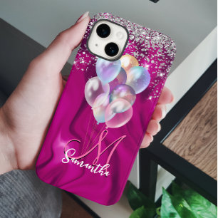 Mooie roze nepsil glitter ballon monogram iPhone 14 hoesje