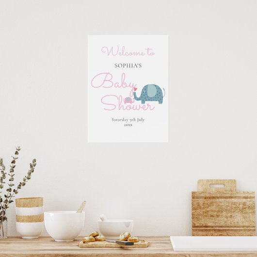 Mooie Roze Olifant Baby Meisje Shower Welkom Bord Poster (Keuken)
