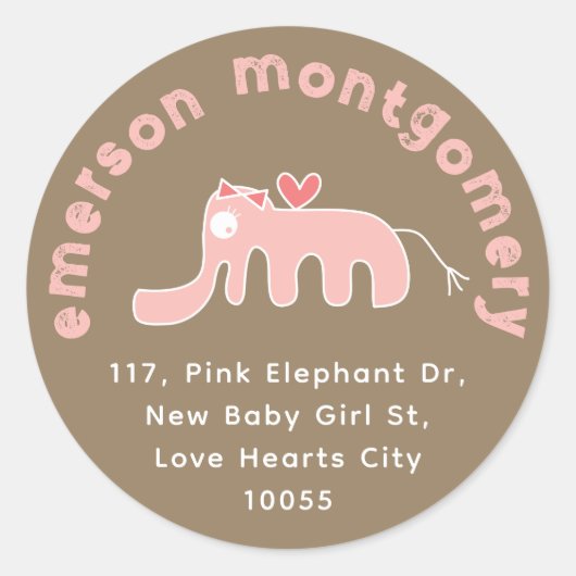 Mooie Roze Olifant Meisje Baby Geboorte Retouradre Ronde Sticker (Voorkant)