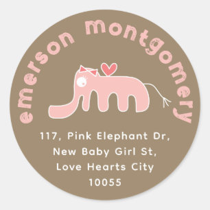 Mooie Roze Olifant Meisje Baby Geboorte Retouradre Ronde Sticker