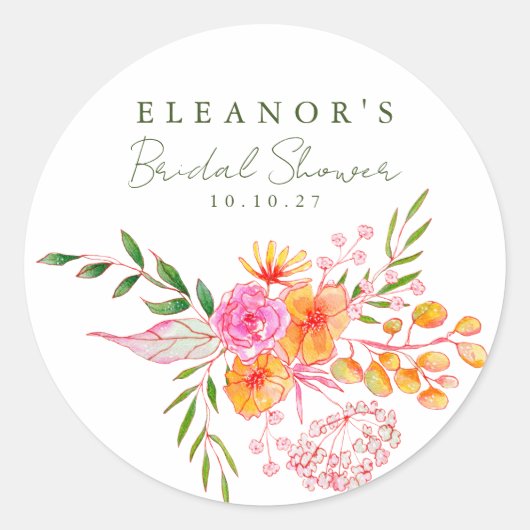 Mooie Roze Oranje Bloemige Waterverf Bruidsdouche Ronde Sticker (Voorkant)