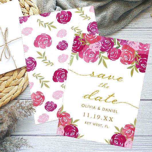 Mooie Roze & Paarse Bloemige Rozen Bladeren Bruilo Save The Date