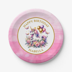 Mooie Roze, Paarse en Gouden Eenhoorn Verjaardag Papieren Bordje