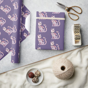 Mooie Roze Paarse Harten Bloemstuk Kat Verjaardag Cadeaupapier